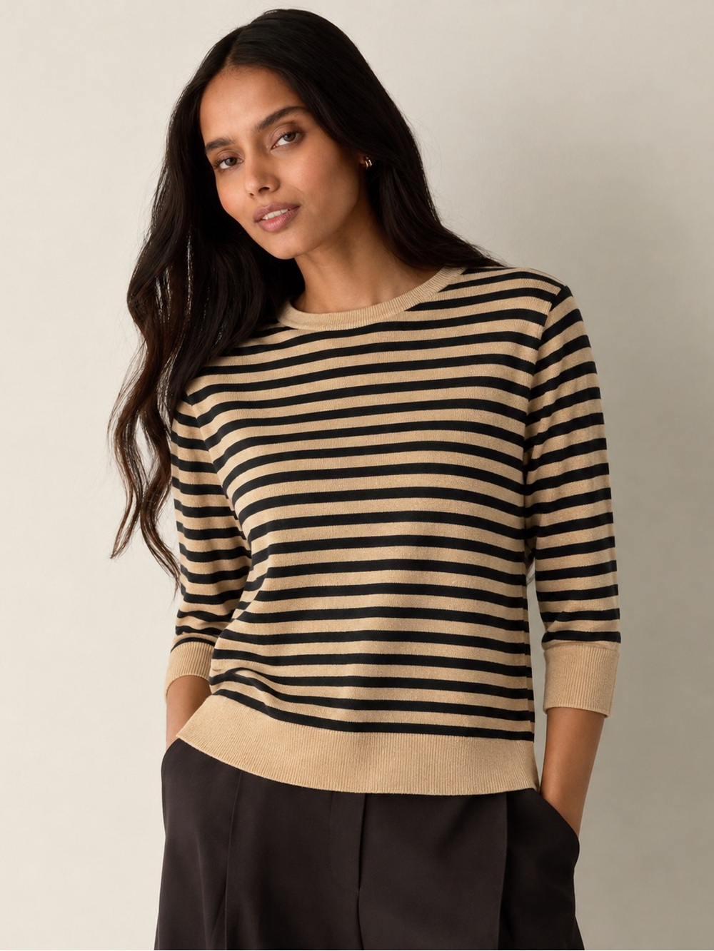 Eileen Fisher Striped Tencel Silk 3/4 Sleeve Sweater, Small